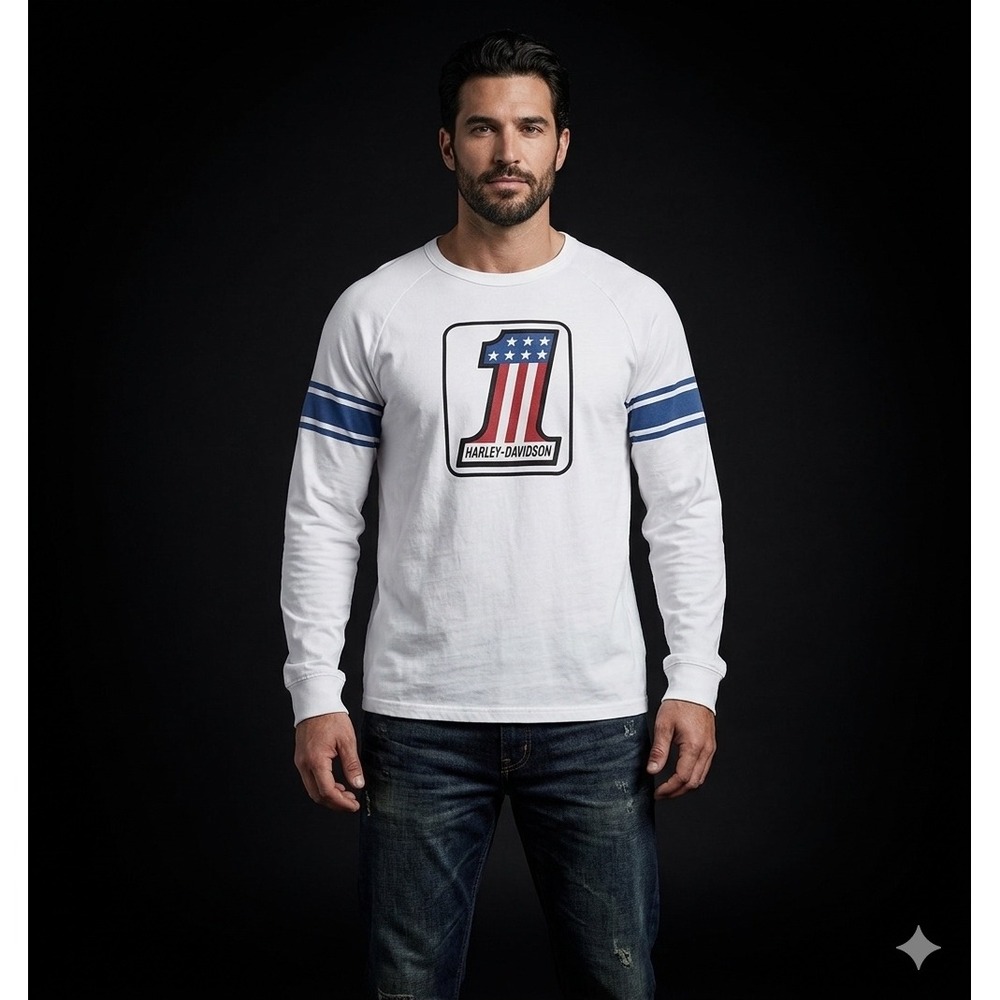 Harley-Davidson Mens XL White Long Sleeve #1 Stars Stripes Graphic Raglan Tee